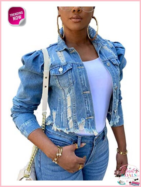 Jackets & Blazers - Puff Sleeve Denim Crop Top Frayed Hem Button Down Cotton Jean Jacket
